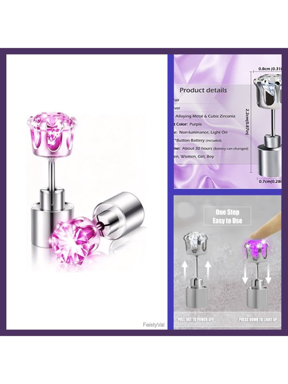 LED Earrings Stainless Steel Cubic Zirconia Crown Stud Earrings